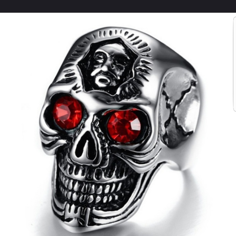 Mens Fashion Skull Ring With Red Faux Gem